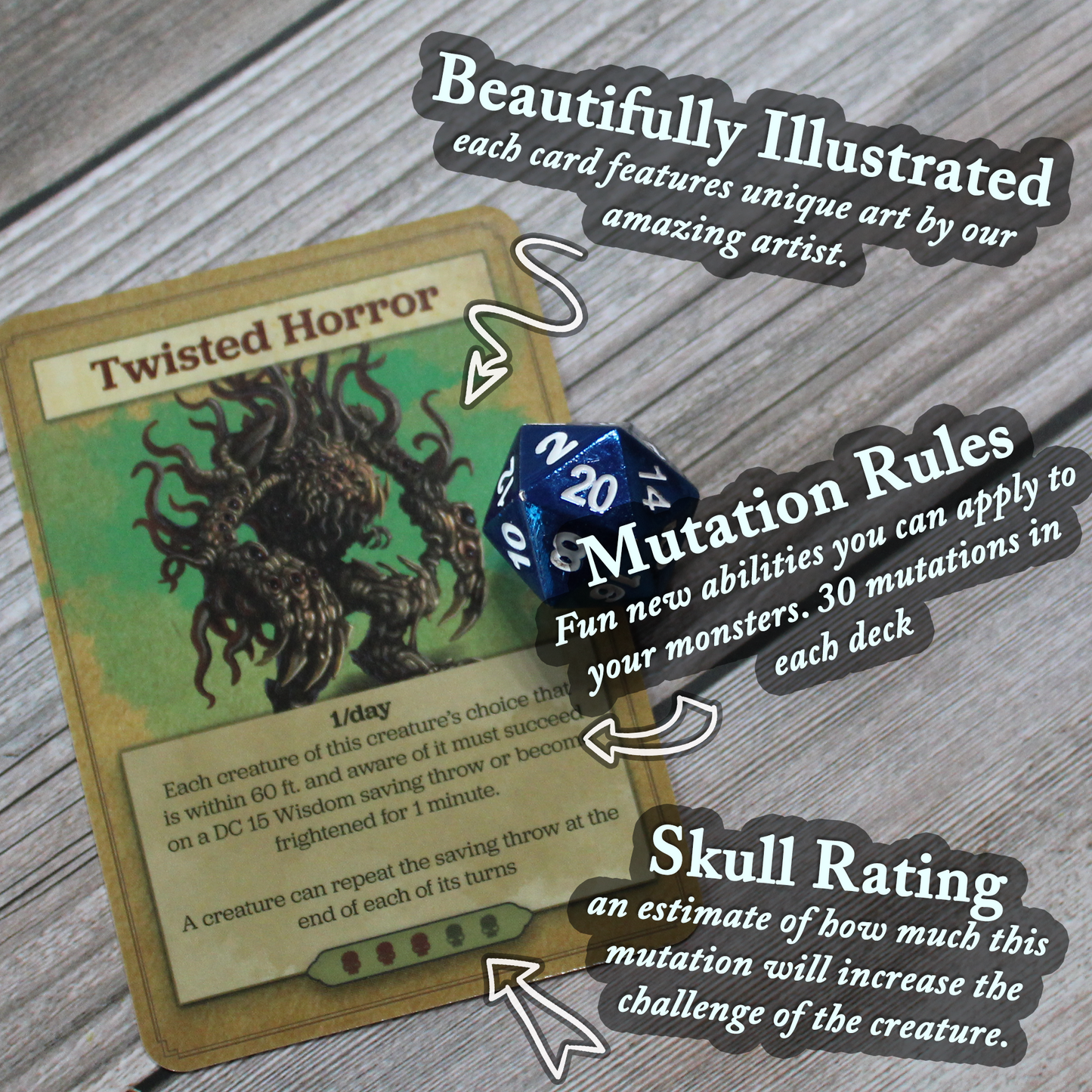 A card from the deck on the left with notes about the illustration, mutation rules, and skull rating on the right, on a white wood paneled background