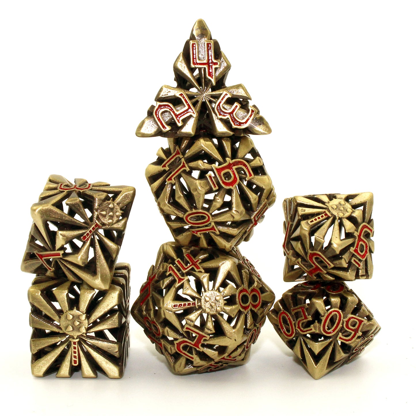 Stacked set of seven gold-colored cleric-inspired hollow metal dice with red numbers and a mace in place of the high number on each die