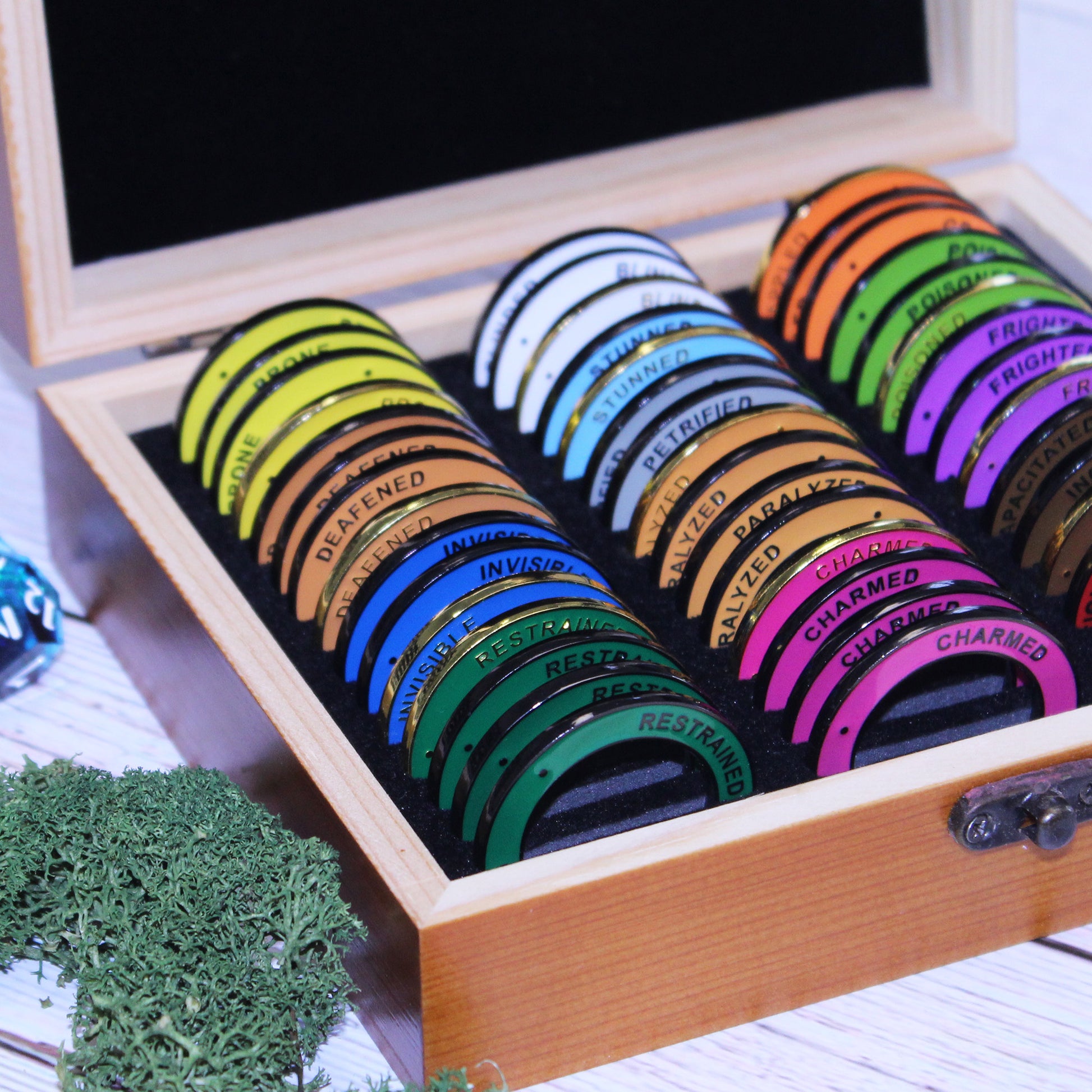 Open Condition Ring Box with condition rings inside, highlighting the deep storage holes designed to keep dnd condition rings safe and organized.