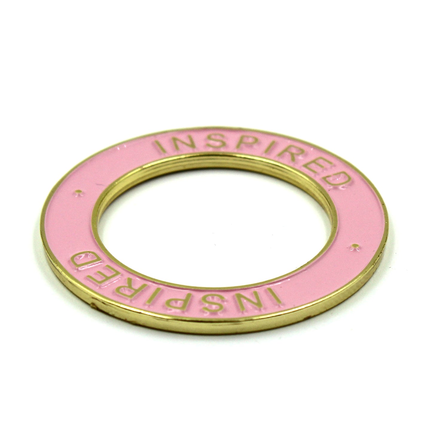 Inspired condition ring on a white background, made from gold-color metal with a pink enamel inset, designed for tracking inspiration effects in RPG games.