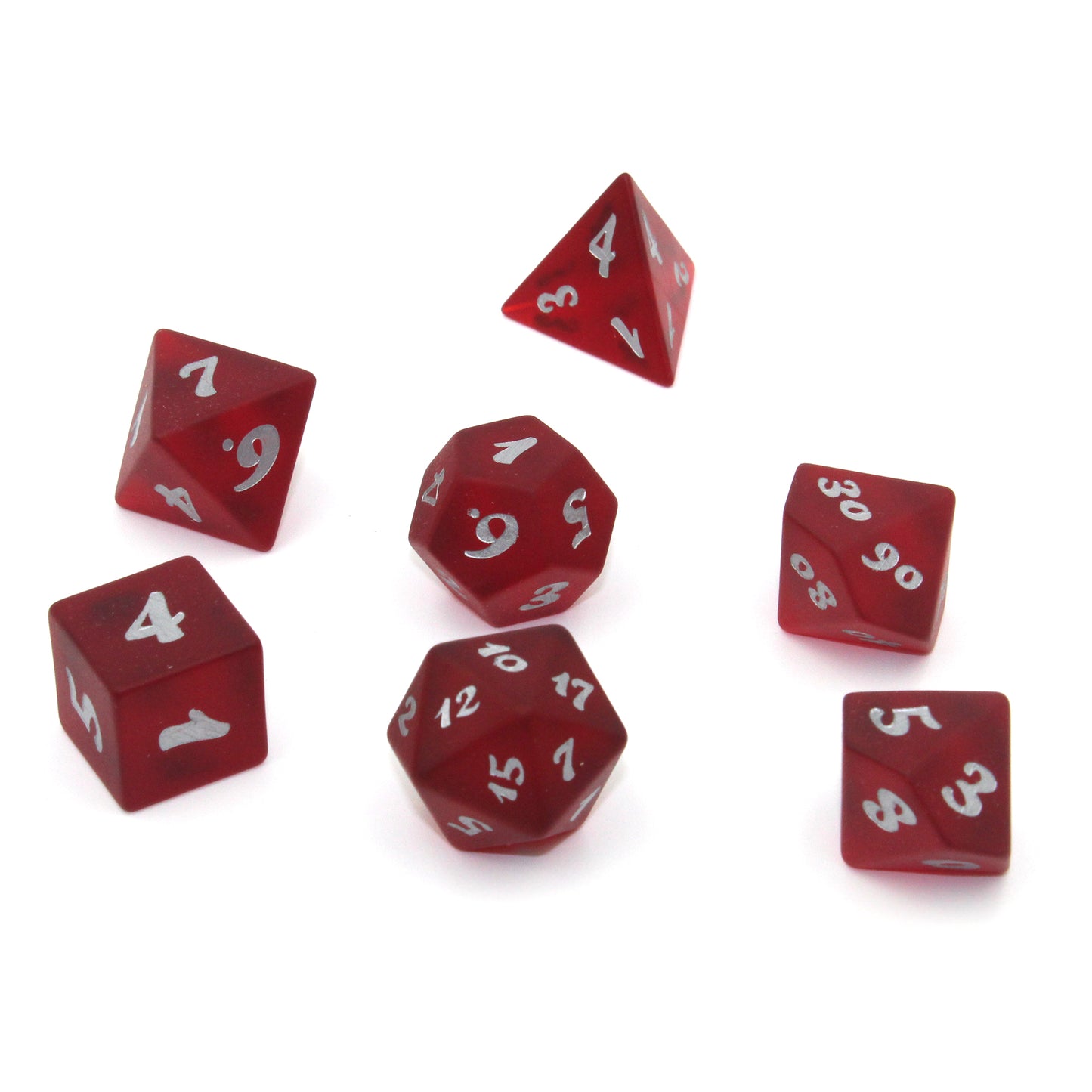 A set of red translucent glass RPG dice with silver numbering