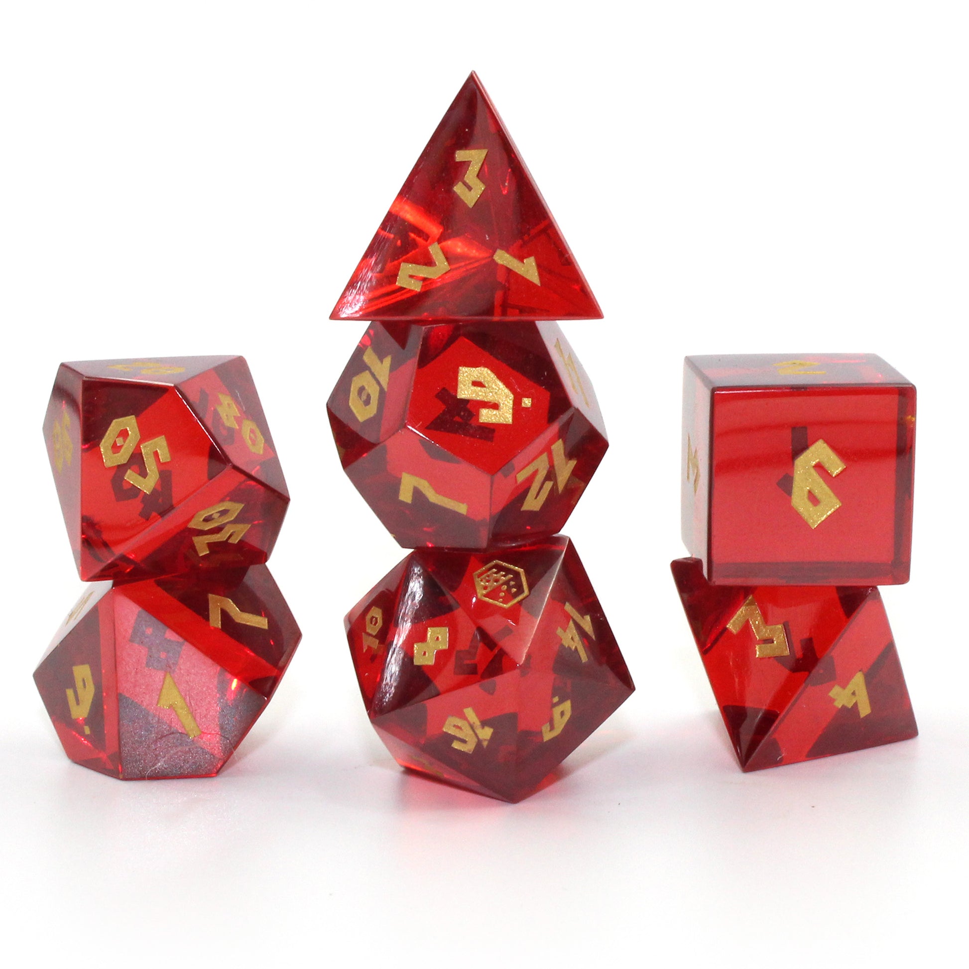 Red Cubic Zirconia dice set stacked, showing the deep red color and reflective shine of the material.