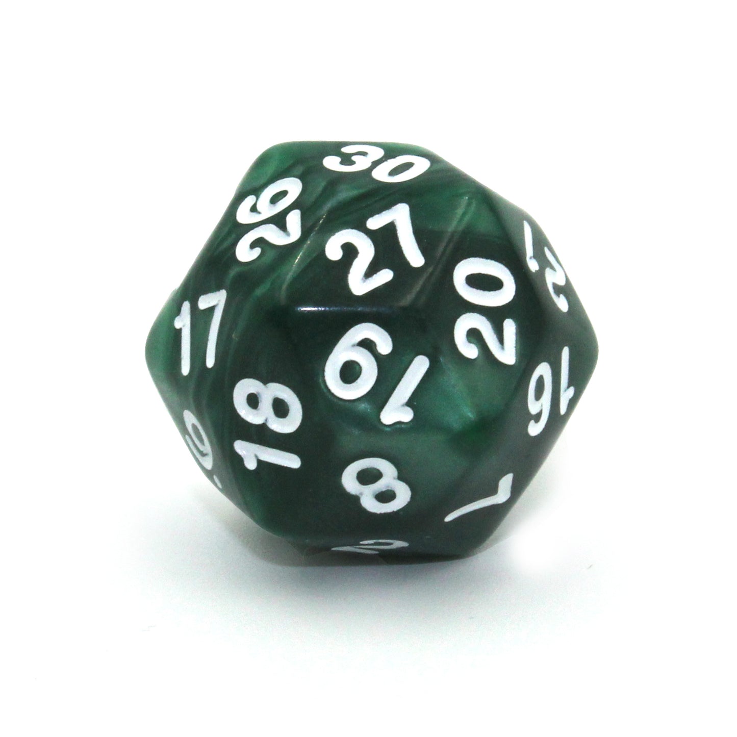 Pearlescent Green D30 dice with clear white numbering.