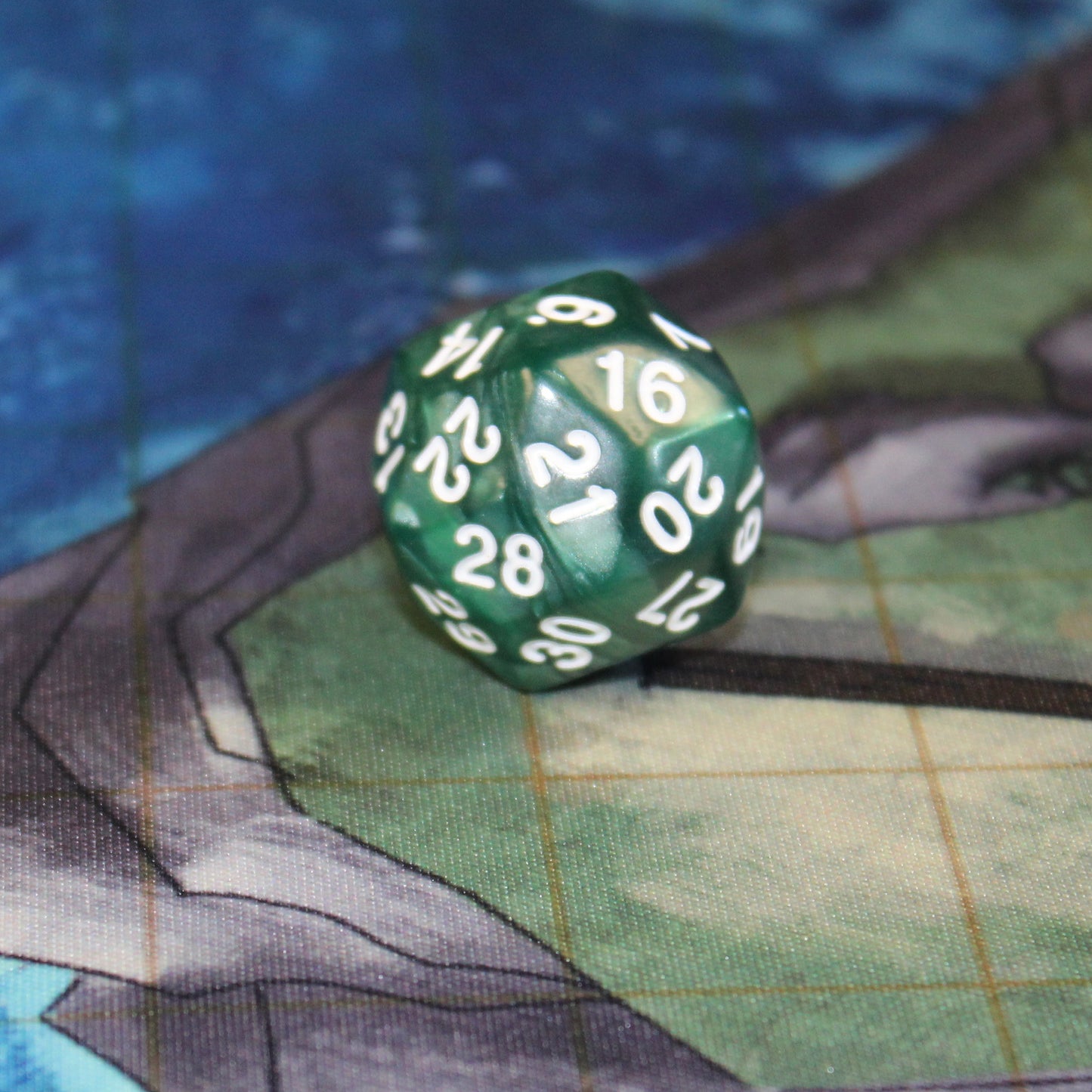 30-sided Green Pearl dice, perfect for adding unique rules to tabletop RPGs.