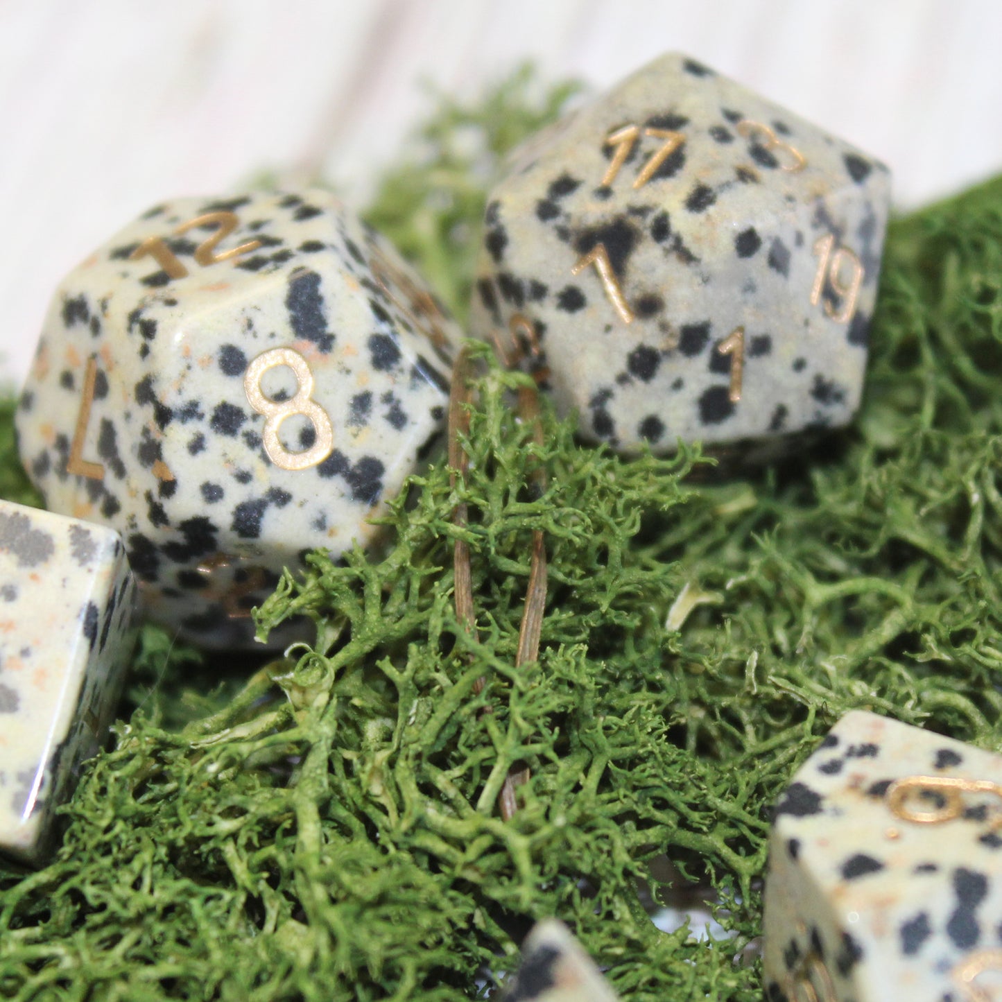 Dalmatian Jasper 7 Piece RPG Dice Set - close up