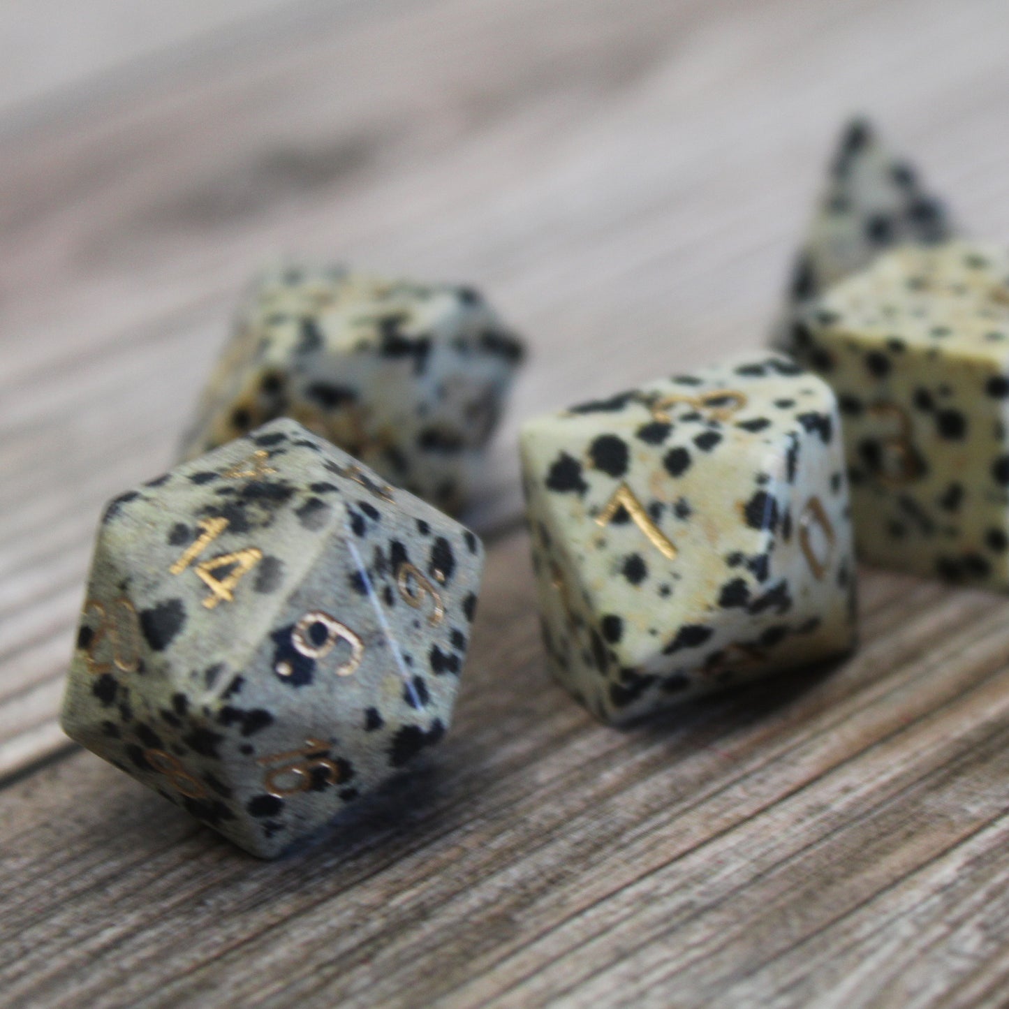 Dalmation Jasper pokadot stone dice set for dnd.
