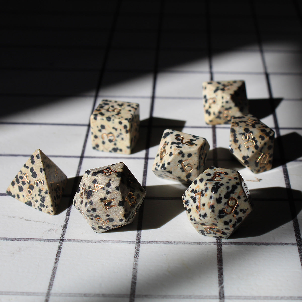 Gemstone Dalmatian Dice Set on Table