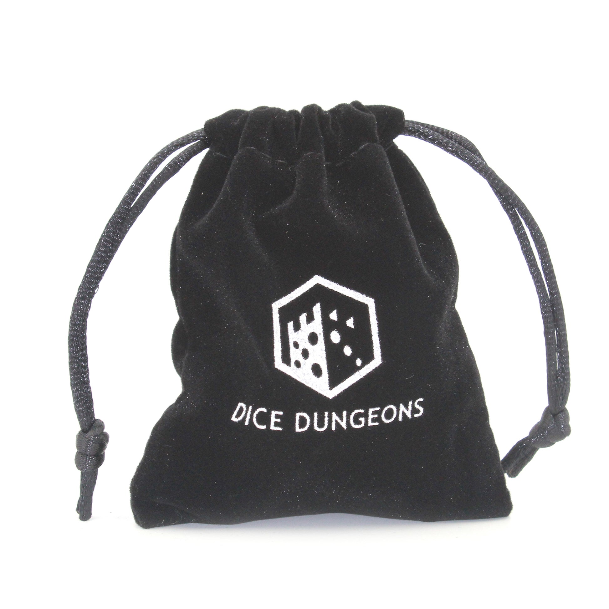 Black drawstring dice bag with dice dungeons logo on a white background