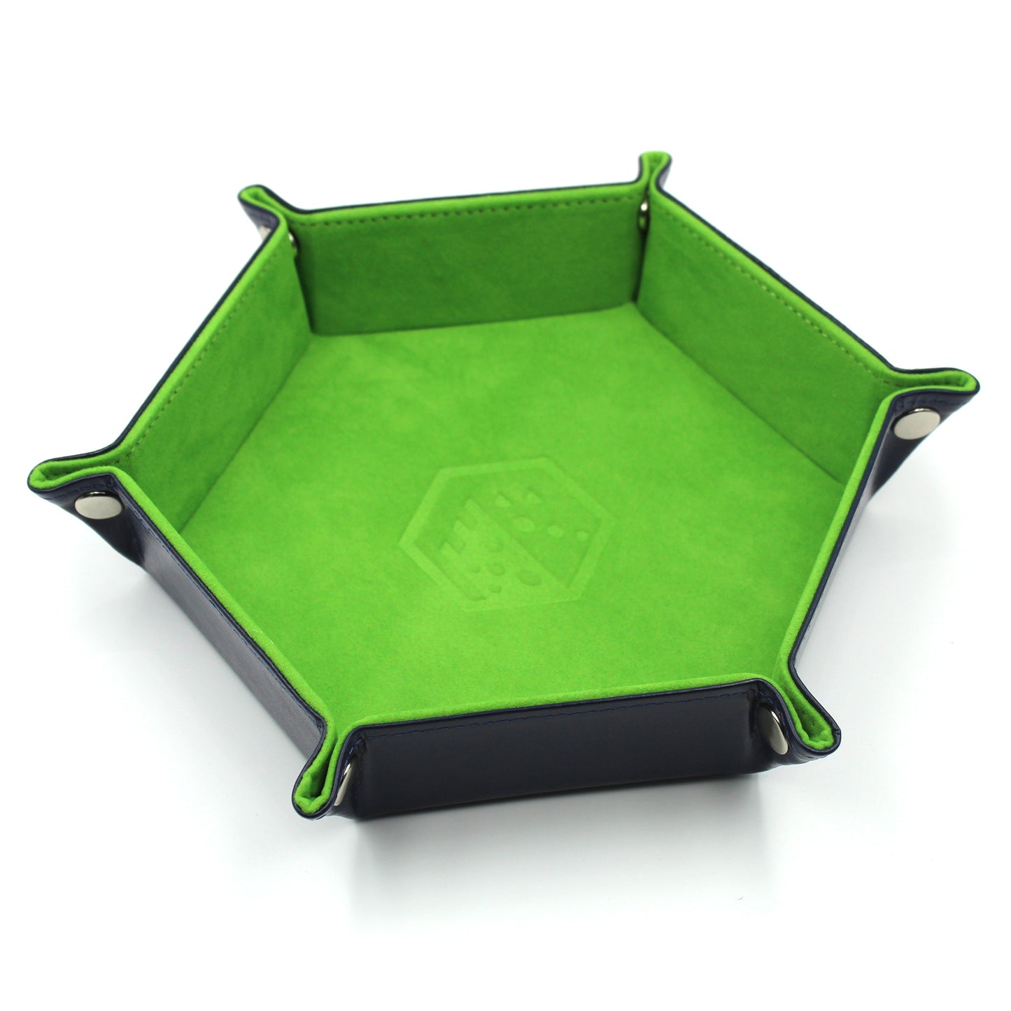 Green Folding Hexagonal Dice Tray with all snaps closed, shown on a white background, emphasizing its compact, foldable design and durable PU leather construction.