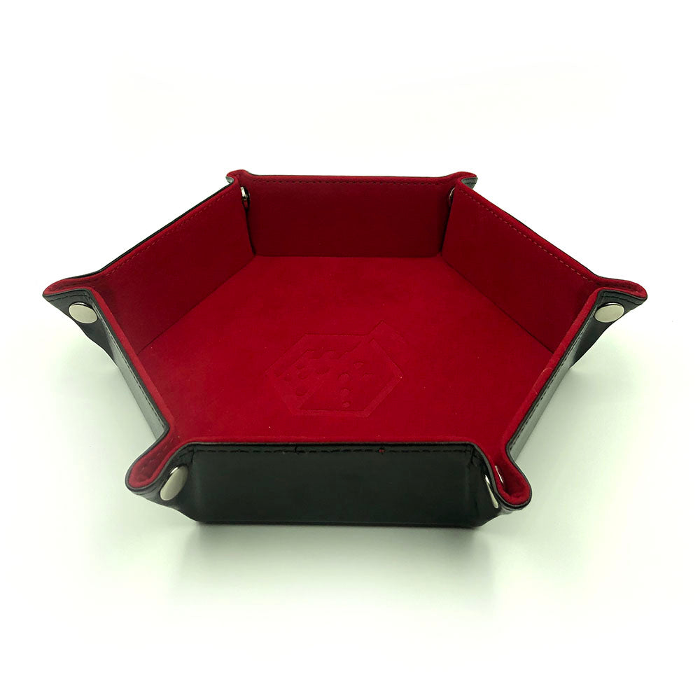Red Folding Hexagonal Dice Tray with all snaps closed, highlighting its compact and portable design with PU leather exterior.