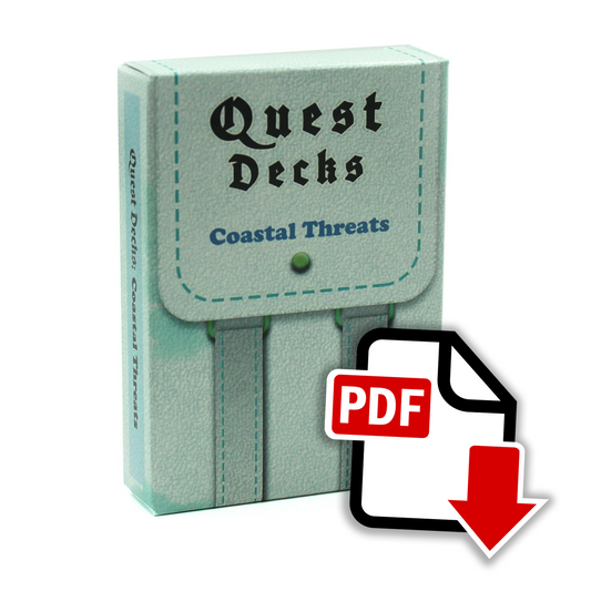 Coastal Threats Quest Deck box on white background. The box has the image design of a knapsack, with a white flap and bag, and gray straps. The design on the entire box makes it look like the texture of leather. An image overlaid on top of the bottom right corner of the deck is a logo that says "PDF", with a cartoon white piece of paper and red arrow.