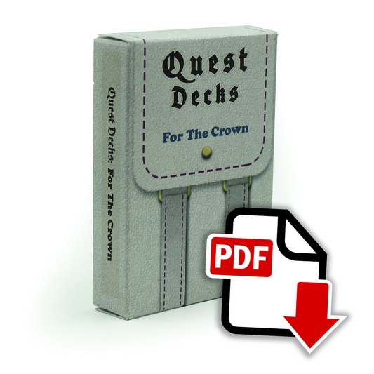 For the Crown Quest Deck box on white background. The box has the image design of a knapsack, with a white flap and bag, and light gray straps. The design on the entire box makes it look like the texture of leather. An image overlaid on top of the bottom right corner of the deck is a logo that says "PDF", with a cartoon white piece of paper and red arrow.