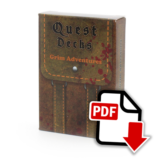 Grim Adventures Quest Deck box on white background. The box has the image design of a knapsack, with a tan flap and straps, and a brown bag. It looks like the box has been splattered with blood. The design on the entire box makes it look like the texture of leather. An image overlaid on top of the bottom right corner of the deck is a logo that says "PDF", with a cartoon white piece of paper and red arrow.