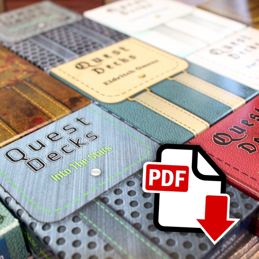 Close up image of the quest decks laying down on a table so that the front of the decks can be seen. An image overlaid on top of the bottom right corner of the decks is a logo that says "PDF", with a cartoon white piece of paper and red arrow.