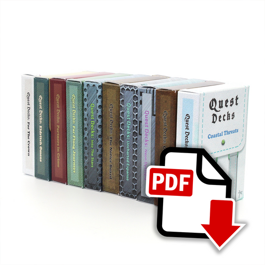 10 quest decks are lined up so that their spines are facing forward on a white background. An image overlaid on top of the bottom right corner of the deck is a logo that says "PDF", with a cartoon white piece of paper and red arrow.
