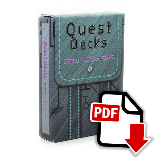 Neon Dystopia Quest Deck box on white background. The box has the image design of a knapsack, with a light gray flap and straps, and a darker gray bag with a circuit board design. An image overlaid on top of the bottom right corner of the deck is a logo that says "PDF", with a cartoon white piece of paper and red arrow.