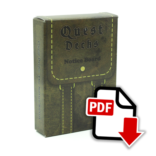 Notice Board Quest Deck box on white background. The box has the image design of a knapsack, with a greenish-brown flap, straps and bag. The design on the entire box makes it look like the texture of leather. An image overlaid on top of the bottom right corner of the deck is a logo that says "PDF", with a cartoon white piece of paper and red arrow.