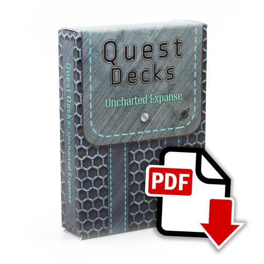 Uncharted Expanse Quest Deck box on white background. The box has the image design of a knapsack, with a gray flap and straps, and a honeycomb gray and black patterned bag. An image overlaid on top of the bottom right corner of the deck is a logo that says "PDF", with a cartoon white piece of paper and red arrow.