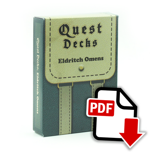 Eldritch Omens Quest Deck box on white background. The box has the image design of a knapsack, with a white flap and straps, and a blue bag. The design on the entire box makes it look like the texture of leather. An image overlaid on top of the bottom right corner of the deck is a logo that says "PDF", with a cartoon white piece of paper and red arrow.