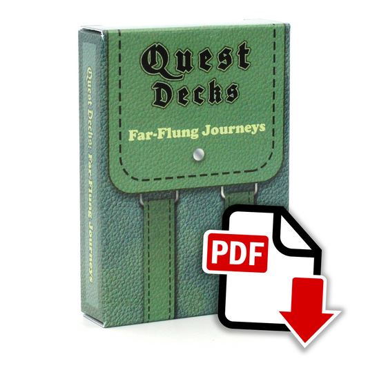 Far-Flung Journeys Quest Deck box on white background. The box has the image design of a knapsack, with a green flap and straps, and a blue bag. The design on the entire box makes it look like the texture of leather. An image overlaid on top of the bottom right corner of the deck is a logo that says "PDF", with a cartoon white piece of paper and red arrow.