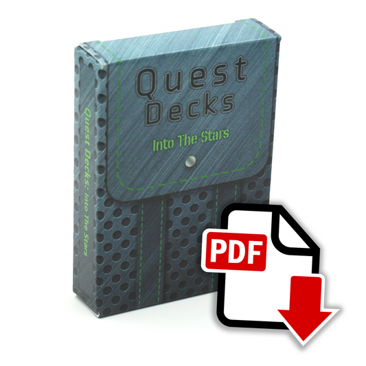 Into the Stars Quest Deck box on white background. The box has the image design of a knapsack, with a gray flap and straps, and a gray bag with darker gray dots. An image overlaid on top of the bottom right corner of the deck is a logo that says "PDF", with a cartoon white piece of paper and red arrow.