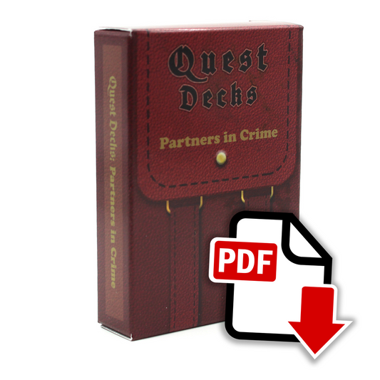 Partners in Crime Quest Deck box on white background. The box has the image design of a knapsack, with a red flap and straps, and a darker red bag. The design on the entire box makes it look like the texture of leather. An image overlaid on top of the bottom right corner of the deck is a logo that says "PDF", with a cartoon white piece of paper and red arrow.