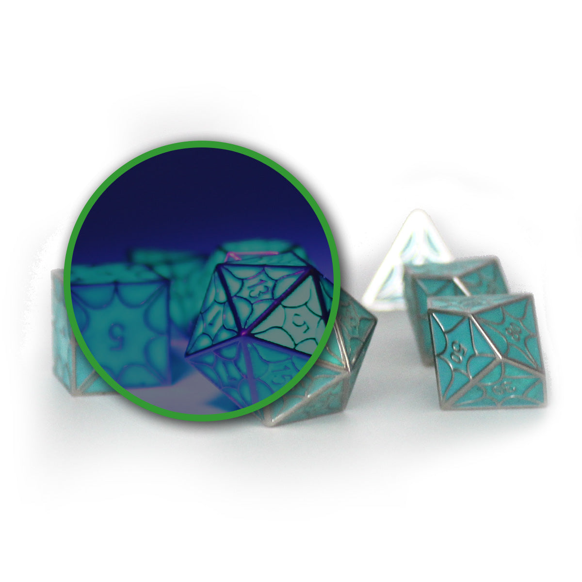 Glow-in-the-dark faerie dragon dice set on white background with popout showing glow effect, perfect for DnD.