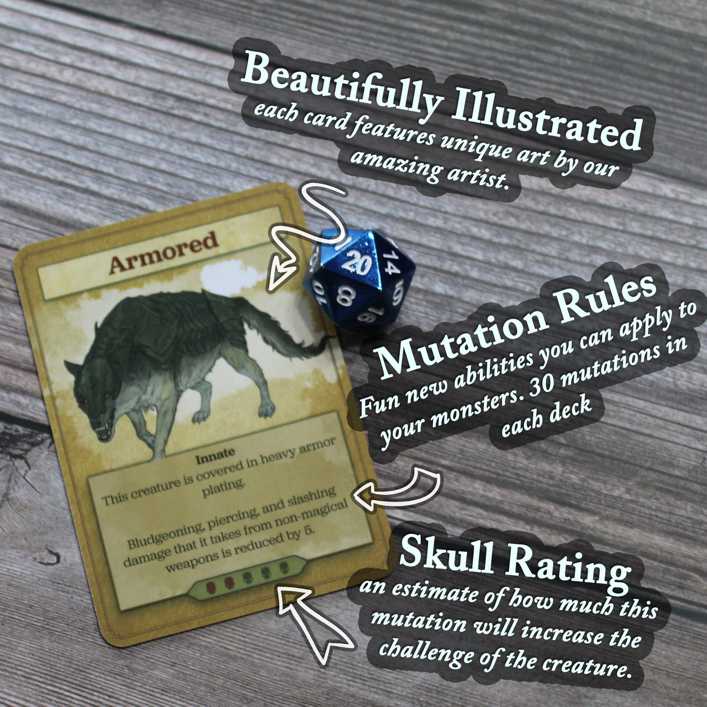 A card on the left with a notes about the illustration, mutation rules, and skull rating on the right, on a white wood paneled background