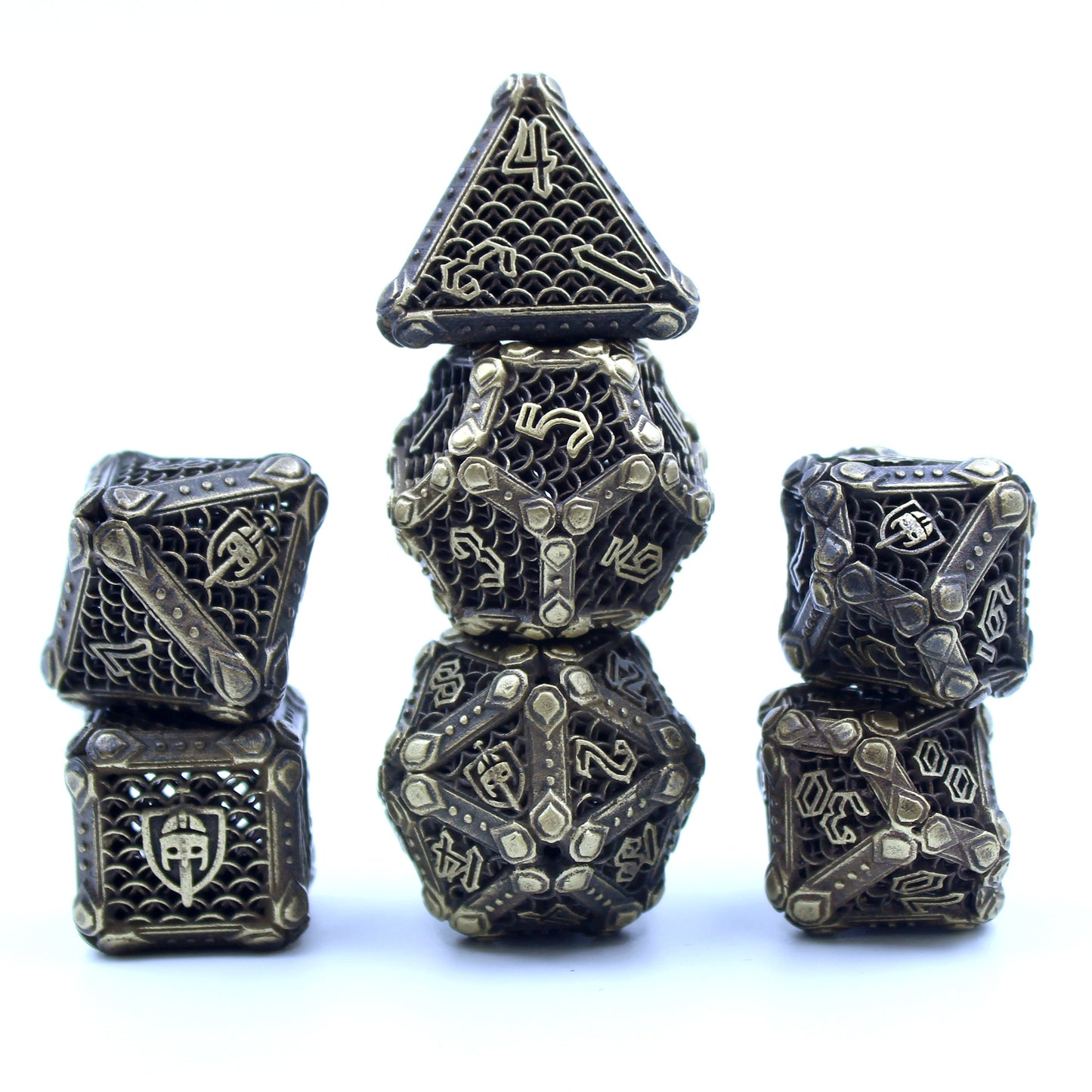 Stacked set of bronze fighter-inspired hollow metal RPG dice with a chain mail background on each die face, uninked numbers, and a helmet, sword, and shield replacing the high number on each die on a white background
