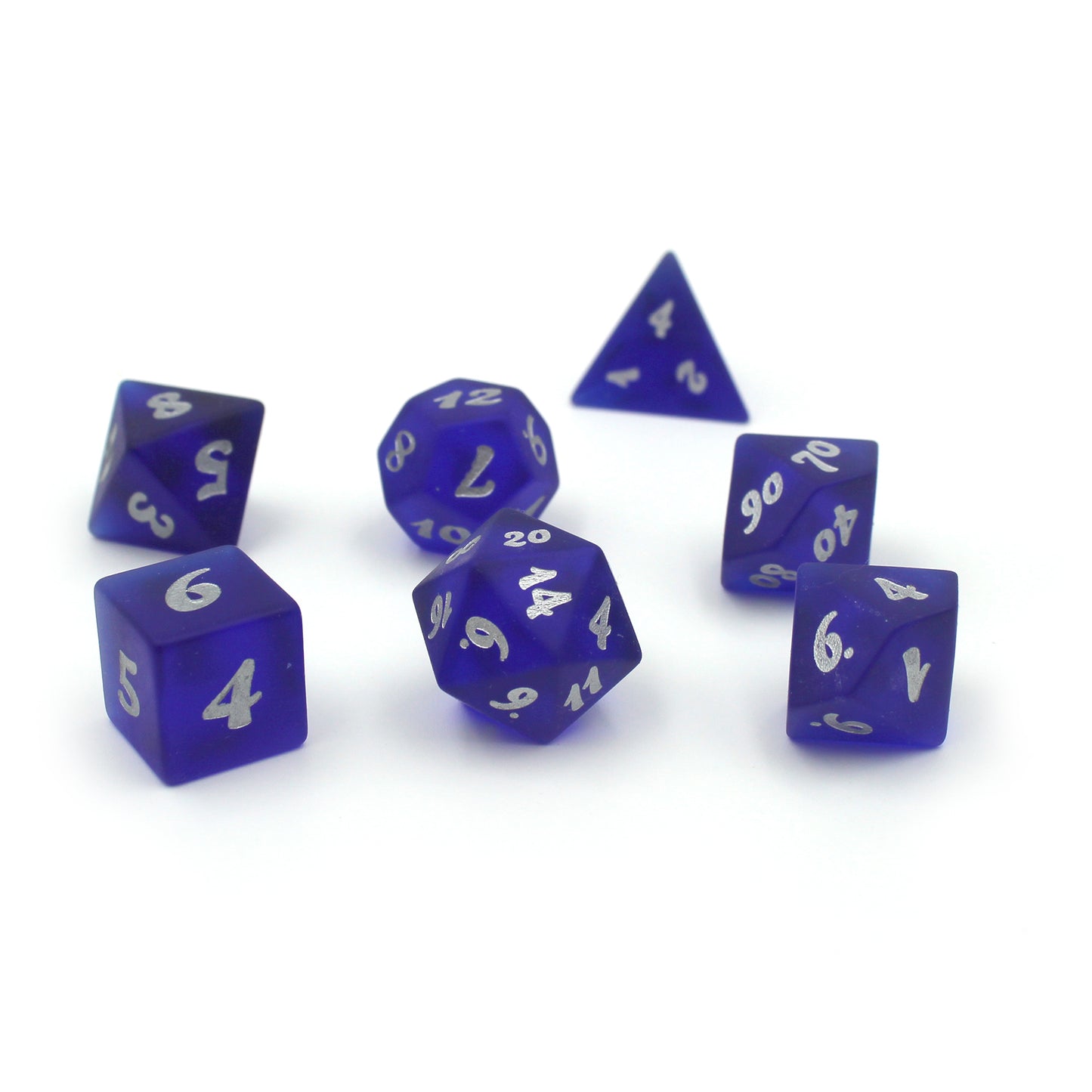A set of dark blue translucent glass RPG dice with silver numbering