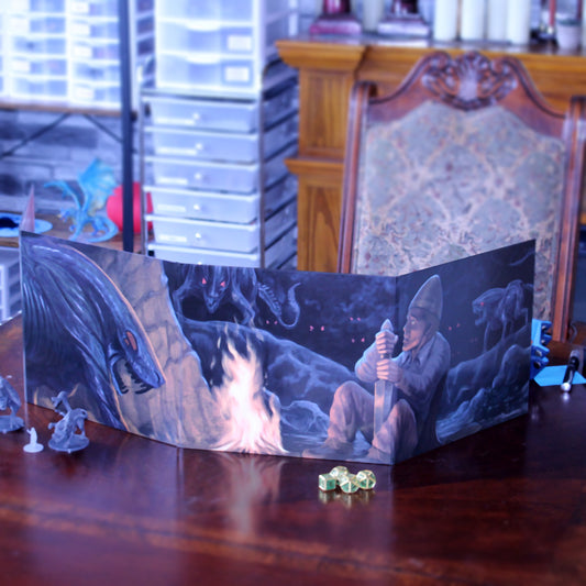 Mutated Monsters GM Screen open on a gaming table, providing a dry-erase surface for smooth Dungeons and Dragons gameplay.