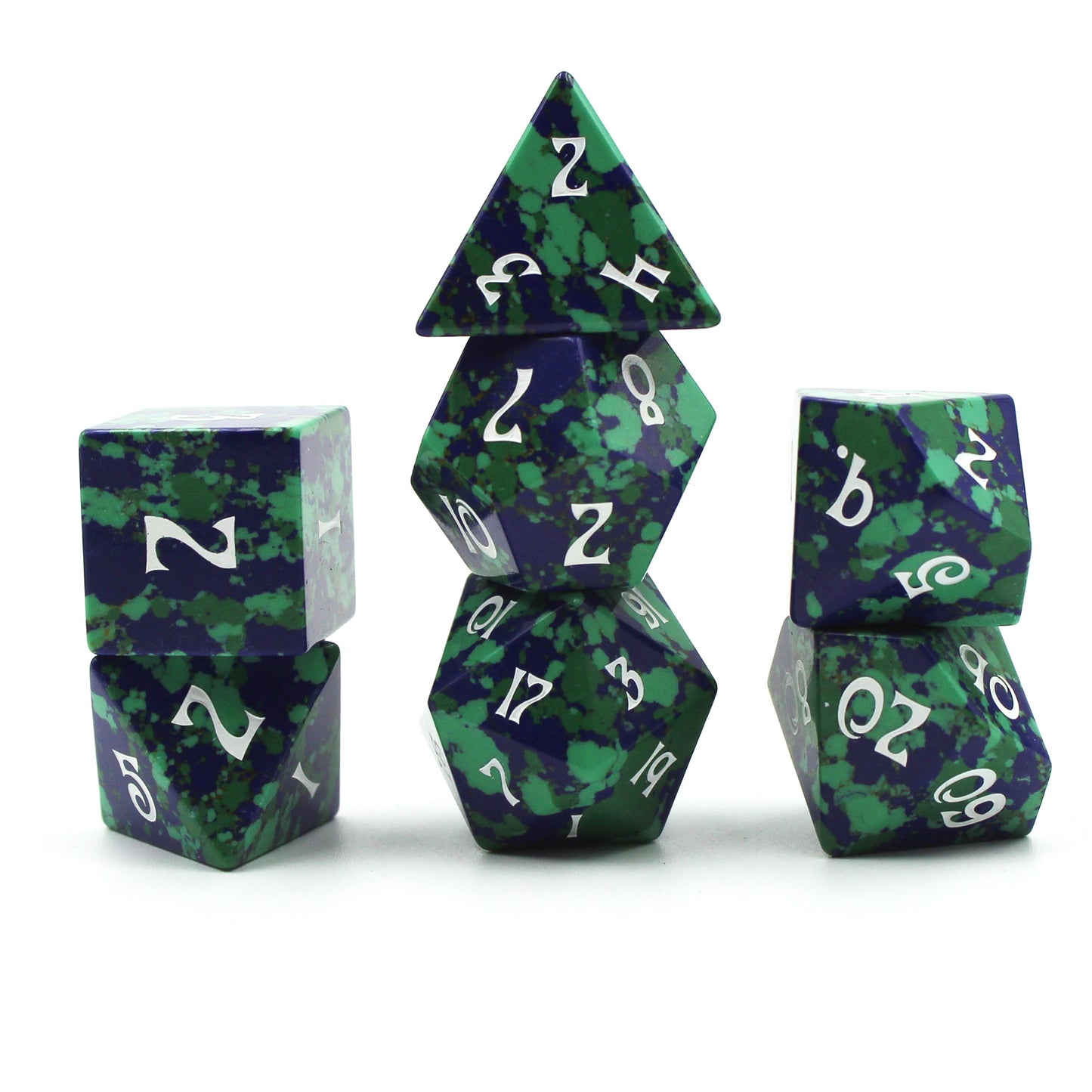 Stacked Gaia Dice Set on white background, highlighting mid-century inspired design and white inked numbers.
