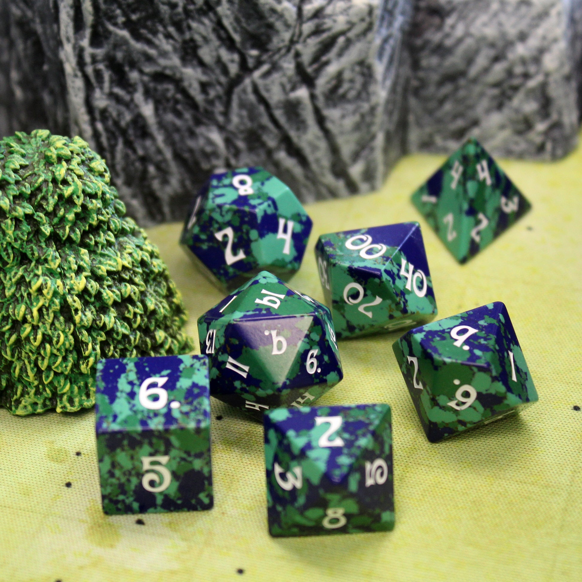 Gaia Groovy Stone Dice Set, made from crushed turquoise and stone, ideal for tabletop RPGs like DnD.
