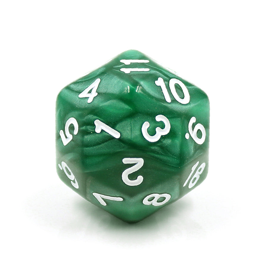 Green Pearl D30 dice on a white background, showcasing the pearlescent finish and easy-to-read white numbering.