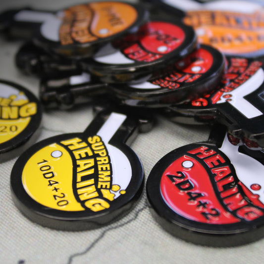 Pile of Healing Potion tokens from the bundle, including values for standard, greater, superior, and supreme healing potions, perfect for RPG gameplay.