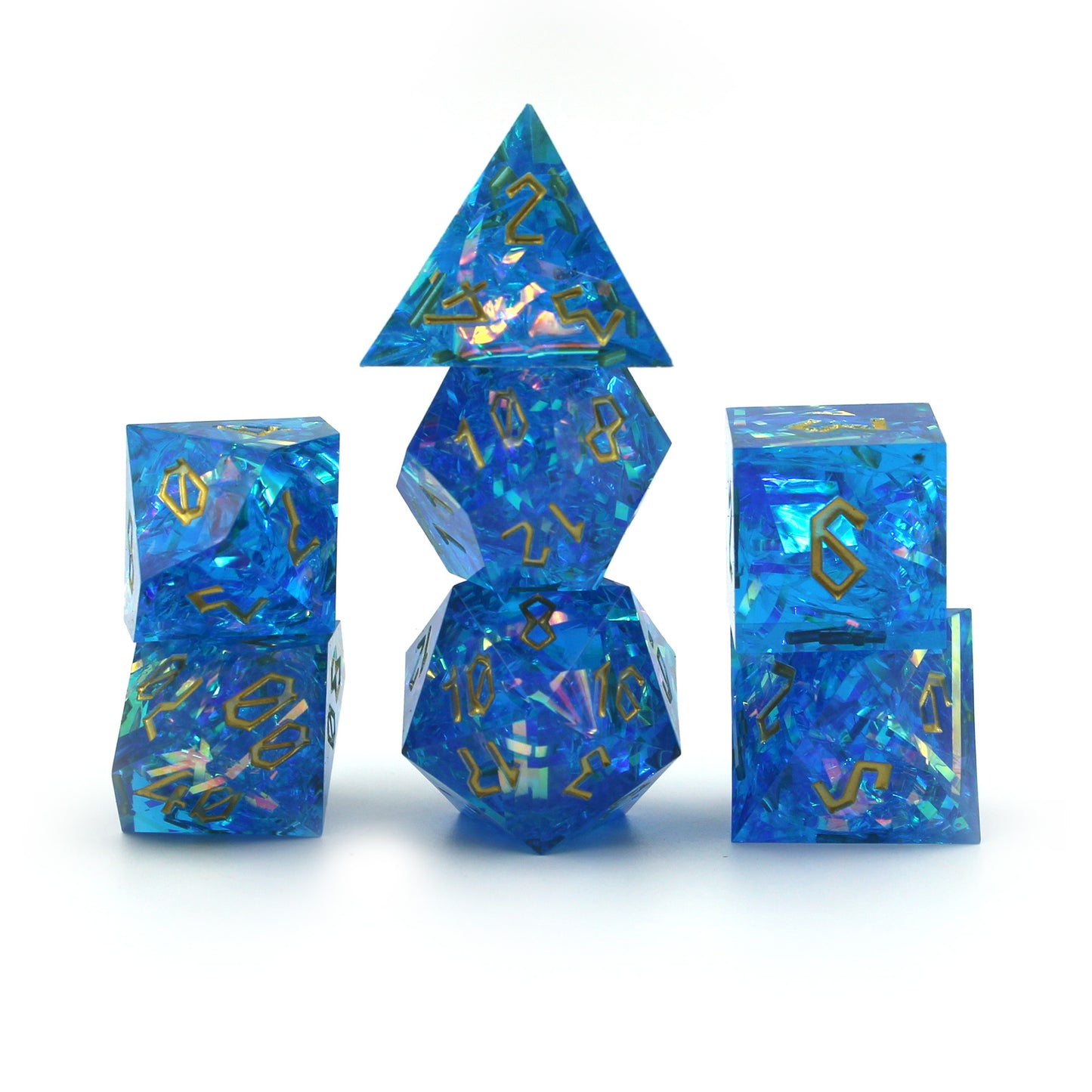 StarGlow blue dice arranged in three columns on a white surface.