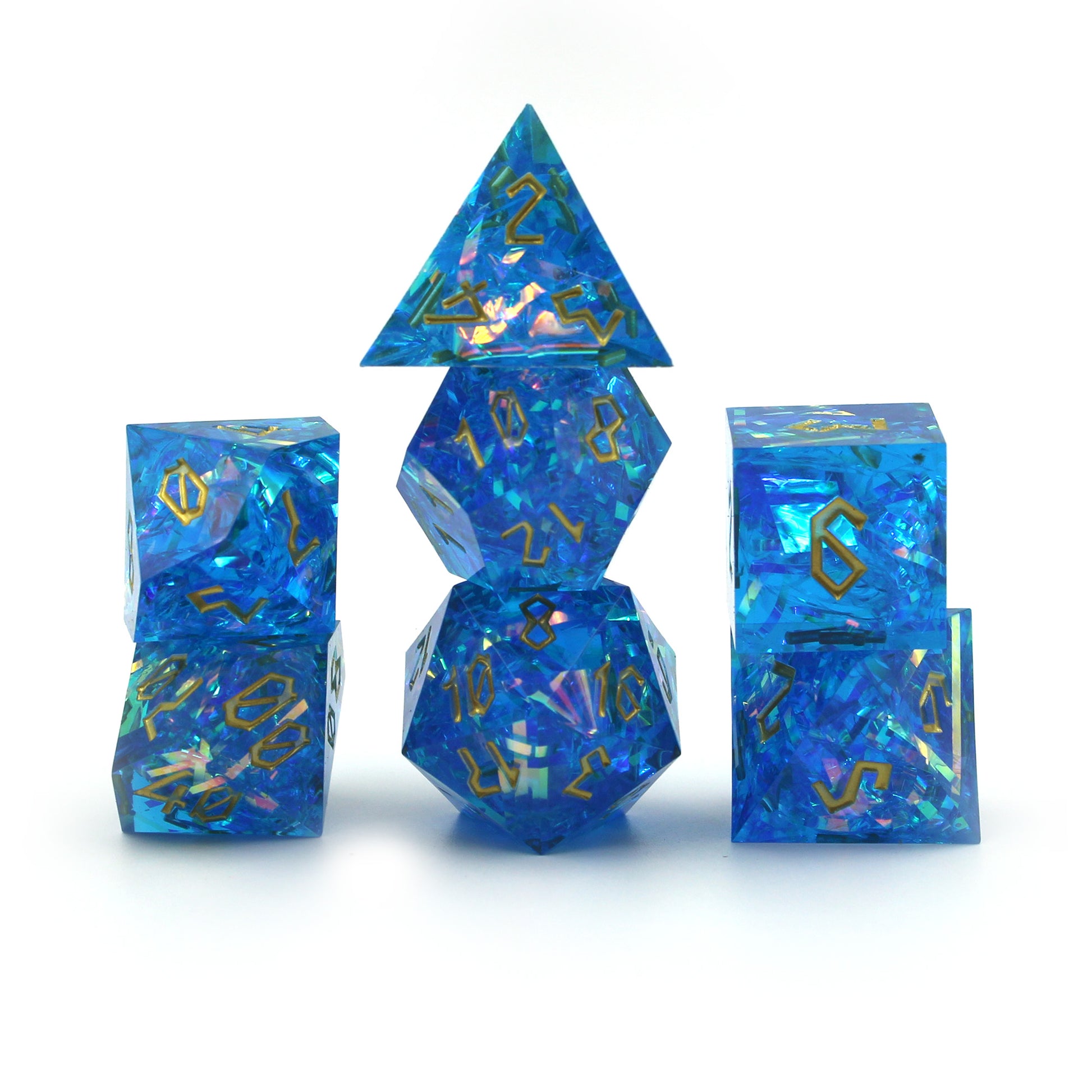 StarGlow blue dice arranged in three columns on a white surface.