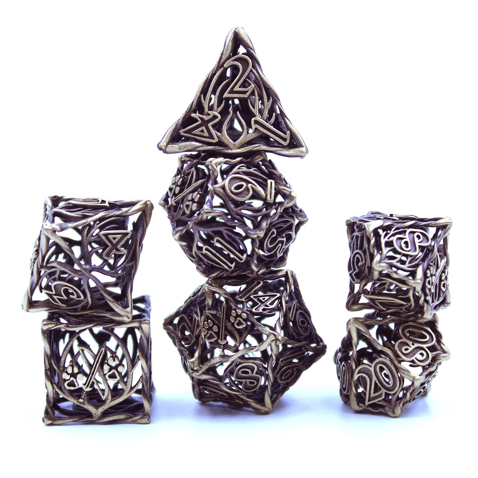 Copper Ranger dice set arranged in 3 columns on a white background and surface.