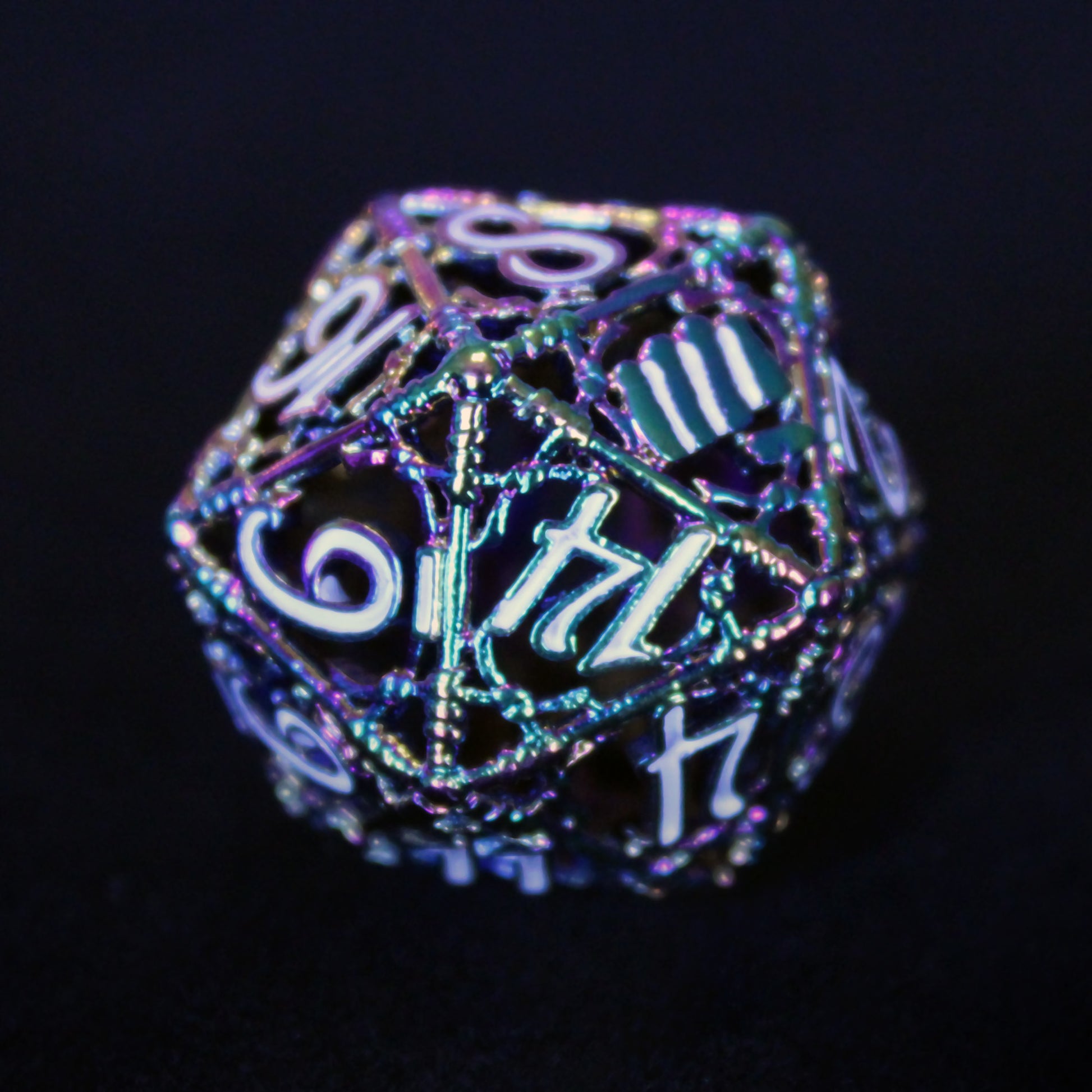 20 sided iridescent die on a black background