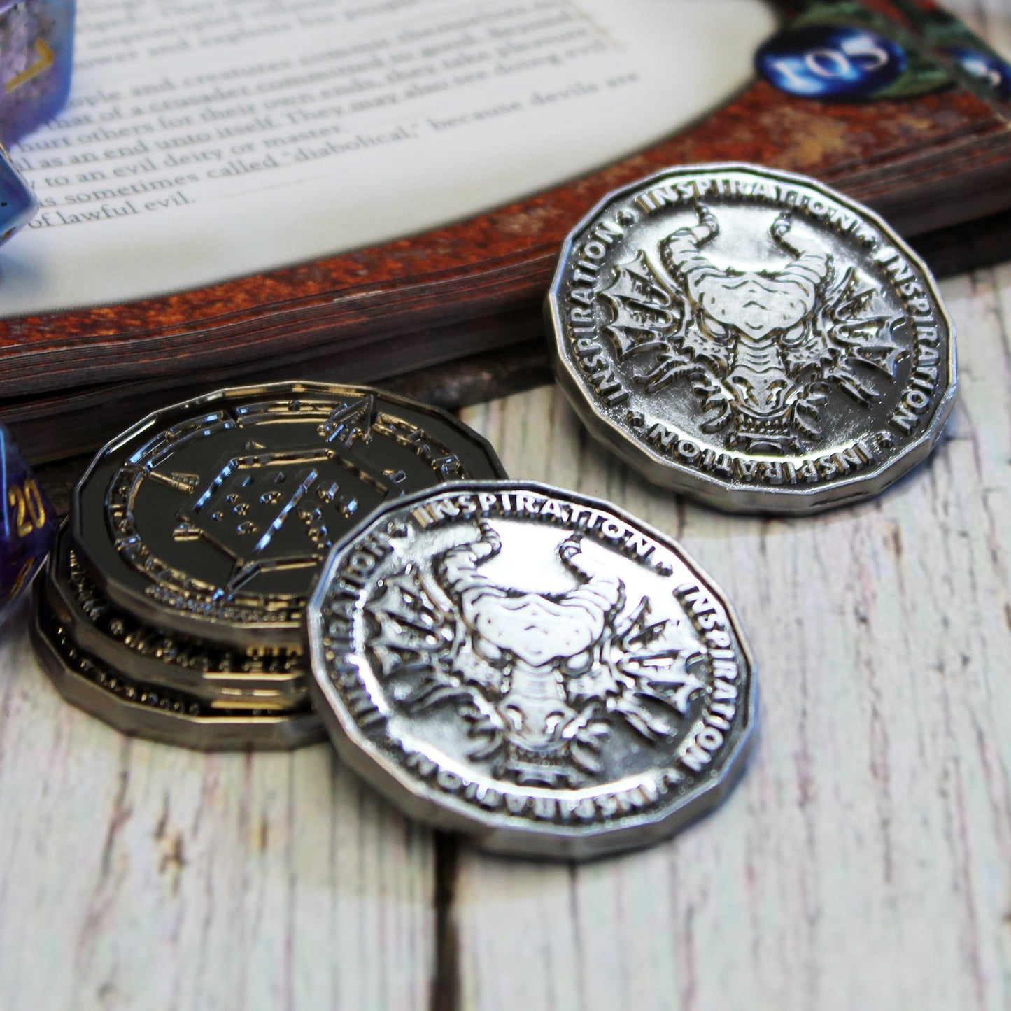 Antique Silver Inspiration Coins pack of 4 for dungeons and dragons games.