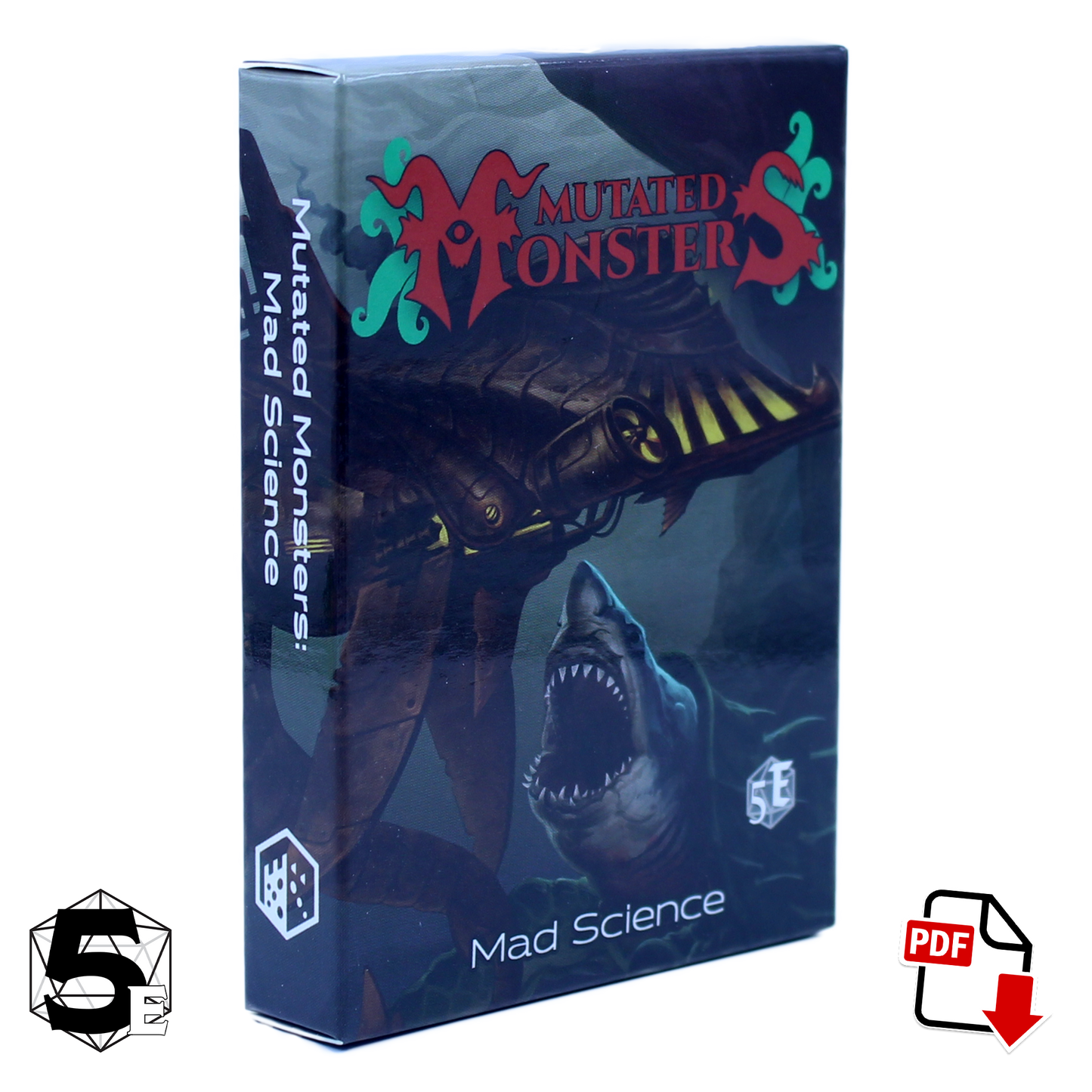 Front of the mutated monsters mad science deck box with 5 next to it on the bottom left and a PDF icon on the bottom right