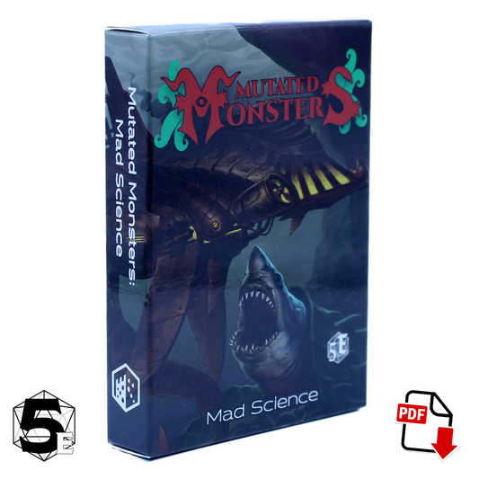 Front of the mutated monsters mad science deck box with 5 next to it on the bottom left and a PDF icon on the bottom right
