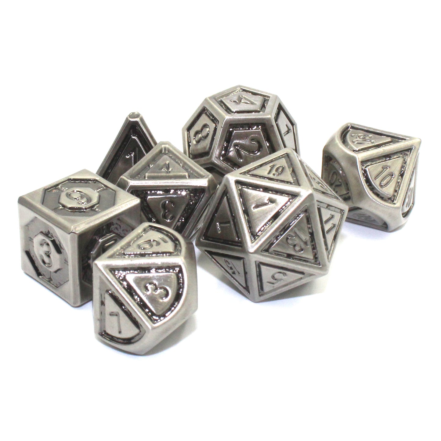 Metal Bullseye dice set arranged in a pile on a white background.
