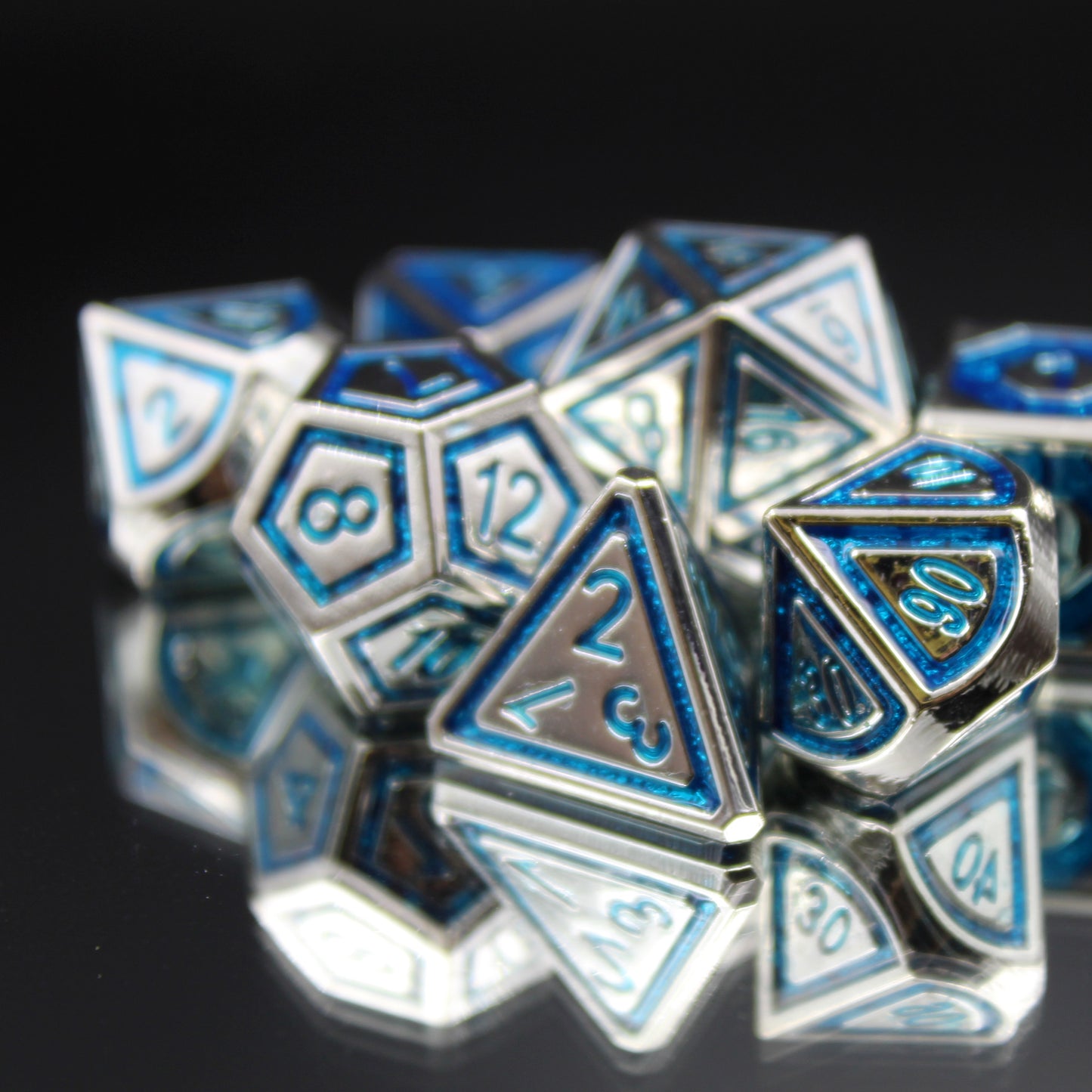 metal blue and silver dice set for dungeons and dragons
