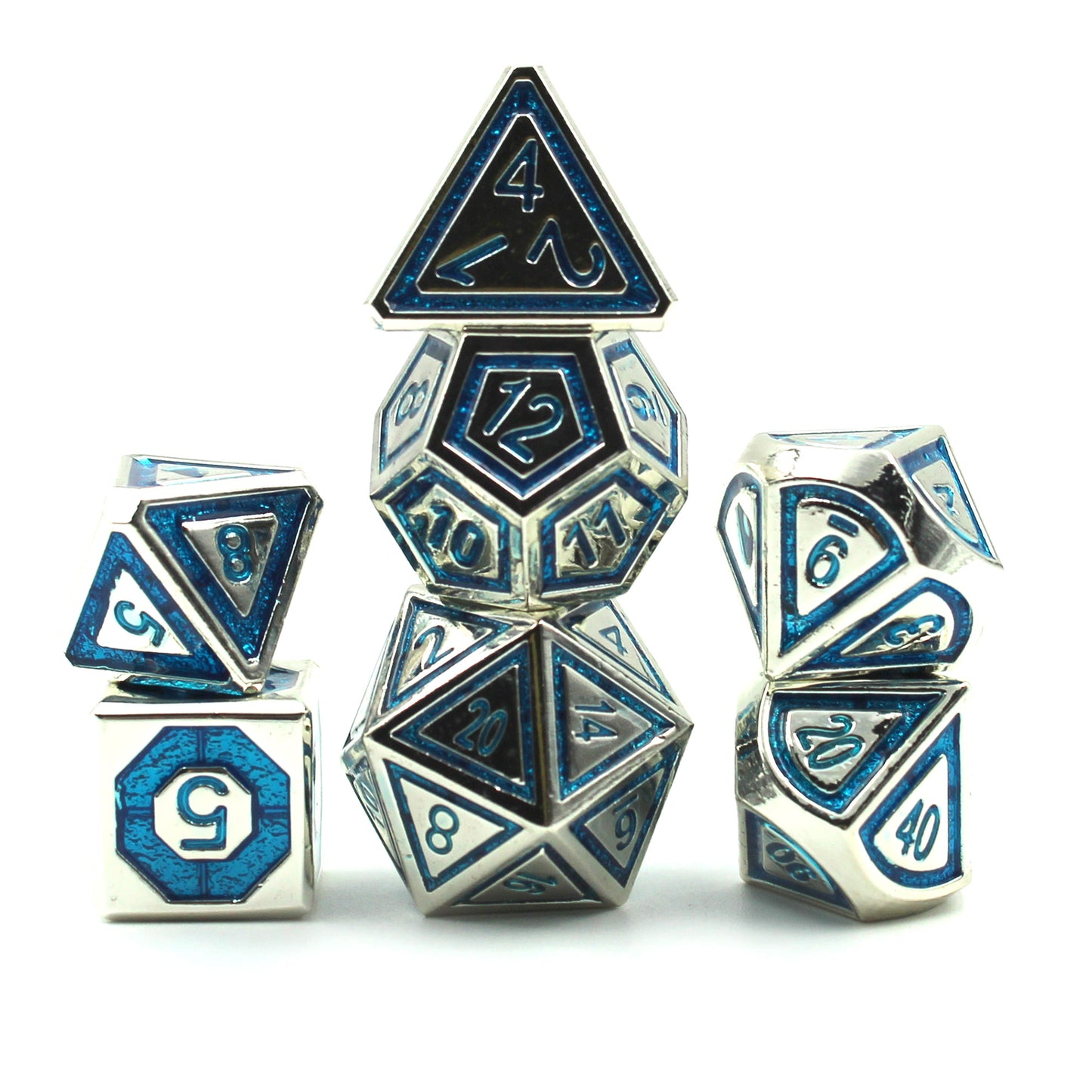 Metal BullsEye Blue & Silver Dice Set with Display Box