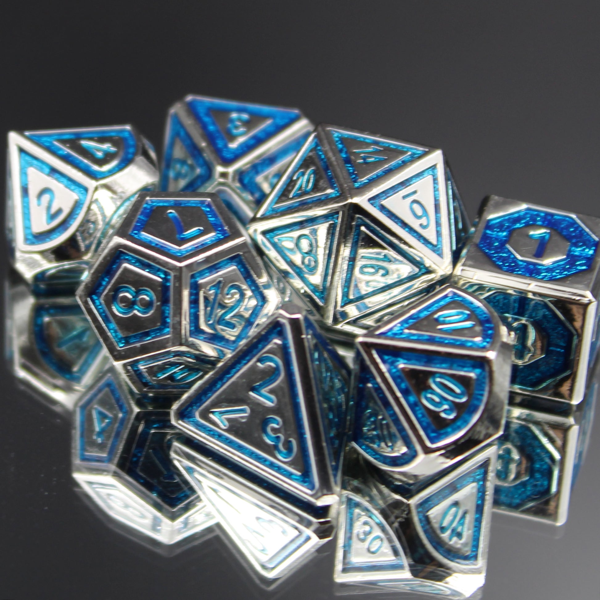 Metal blue and silver dice for dnd