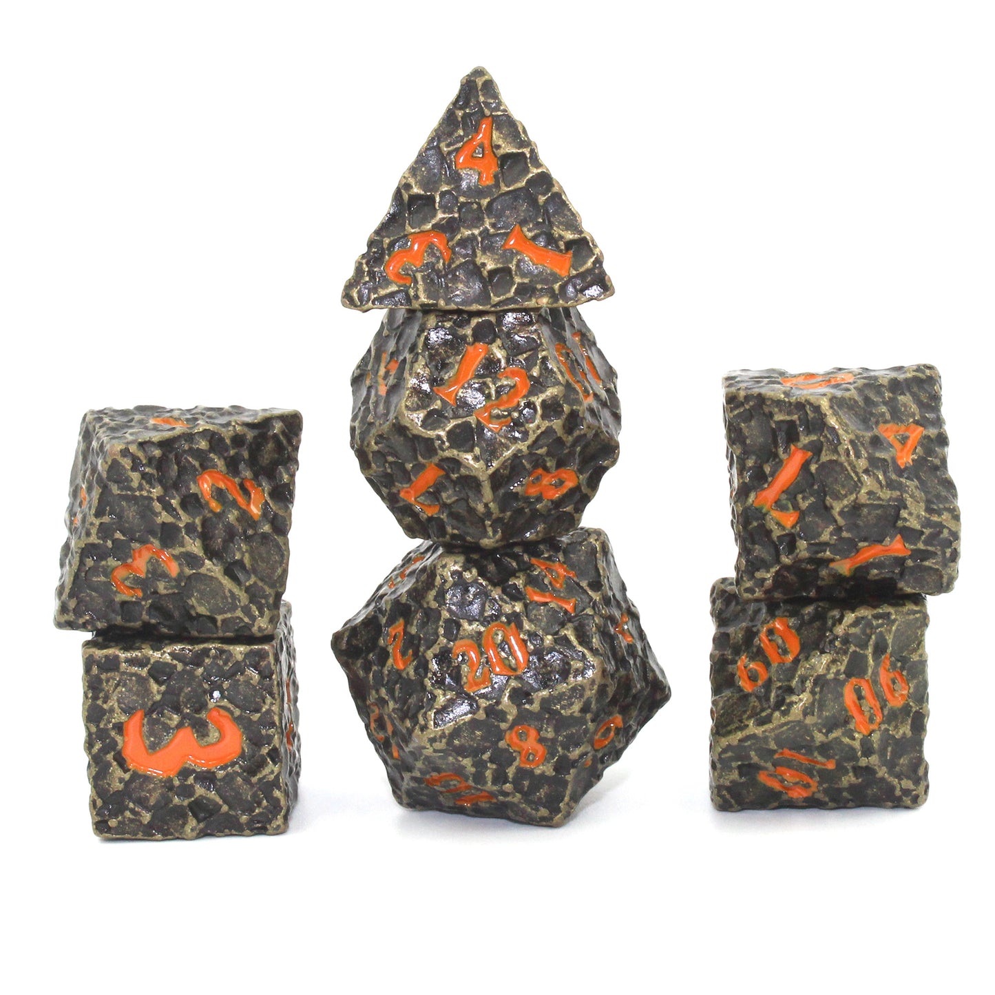 Geomancer Black dice set arranged in 3 stacks on a white background with all dice in focus.