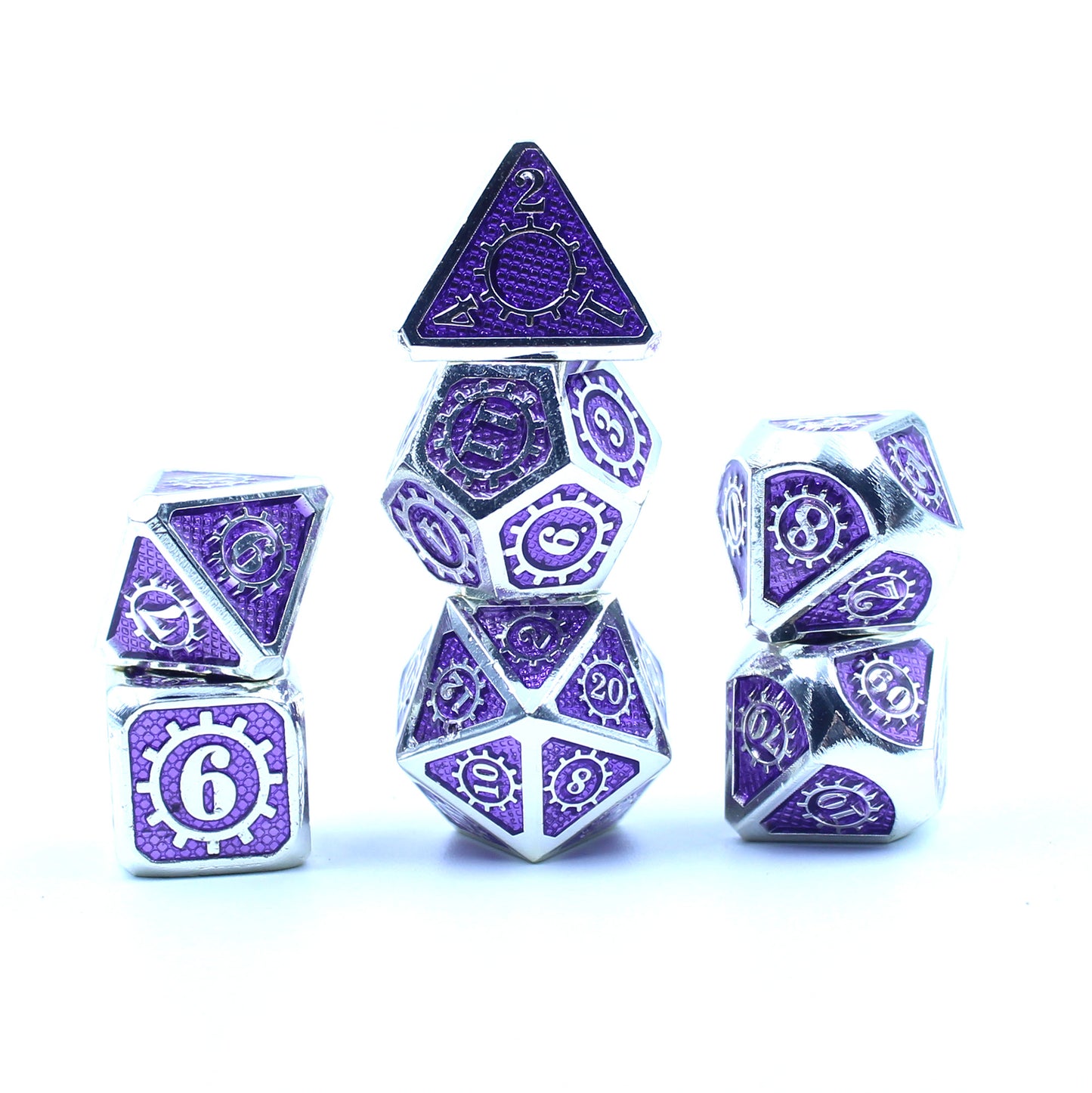 Mechanist dice set arranged in three columns on top of a white background.