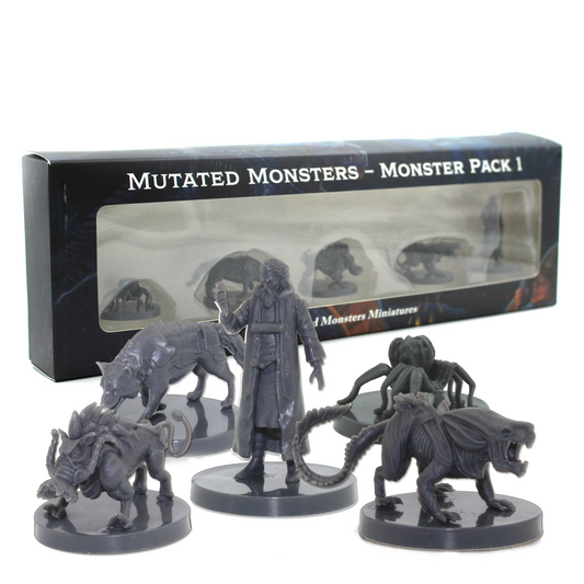 Mutated Monsters miniature box pack in background with five miniature figures displayed in foreground, all on a white background