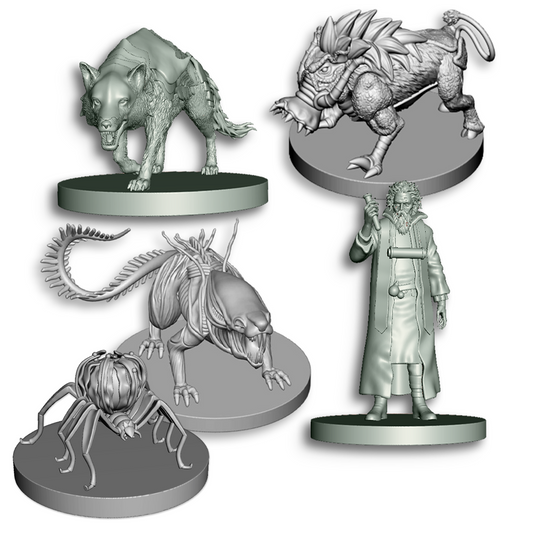 2D images of the five mutated monsters miniature figures on a white background